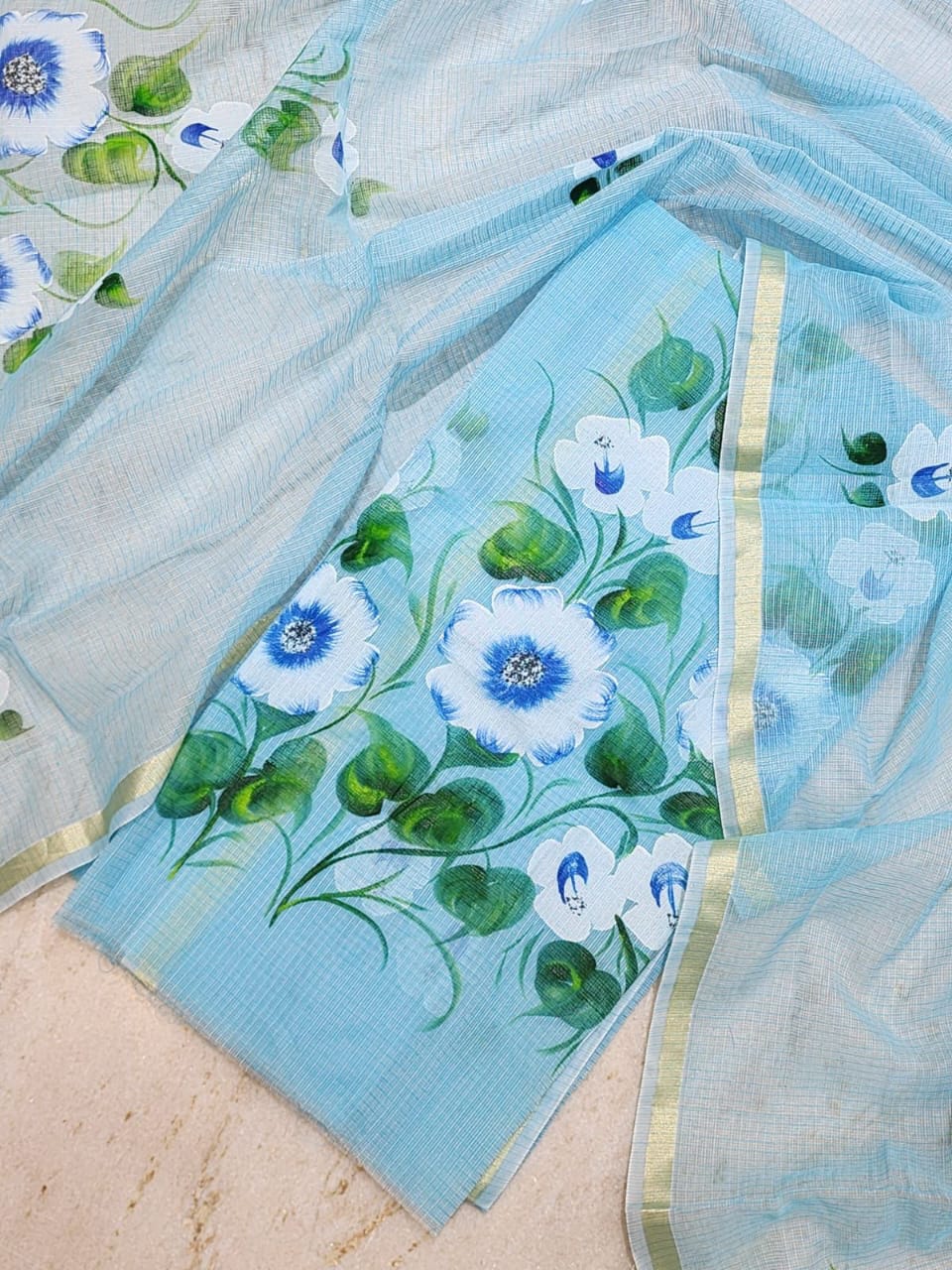 Pure Kota Doria Hand Brush Print Work Unstitched Suit with Dupatta