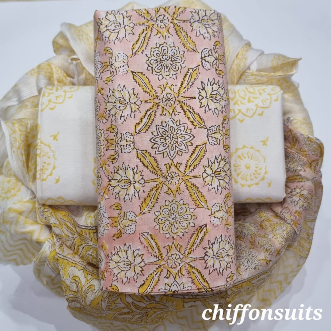 Pure Cotton Hand Block Print Unstitched Suit with chiffon dupatta .