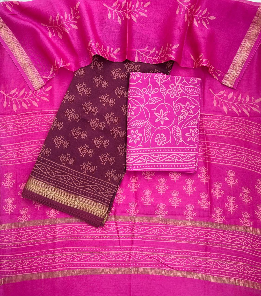 Pure Maheshwari Silk Hand block print Unstitched Suit.