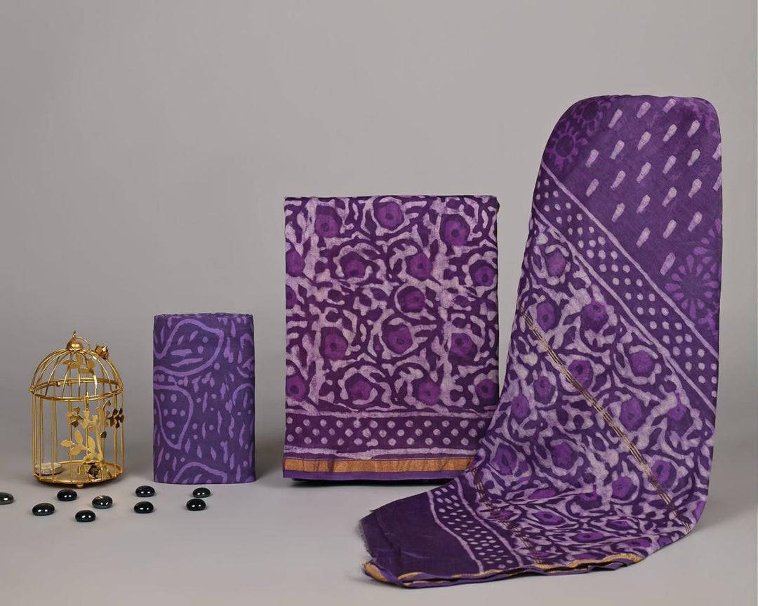 Pure Hand Block Chanderi Silk Unstitched Suit.