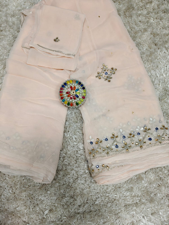 Pure chinon Jerkin work saree With Blouse.