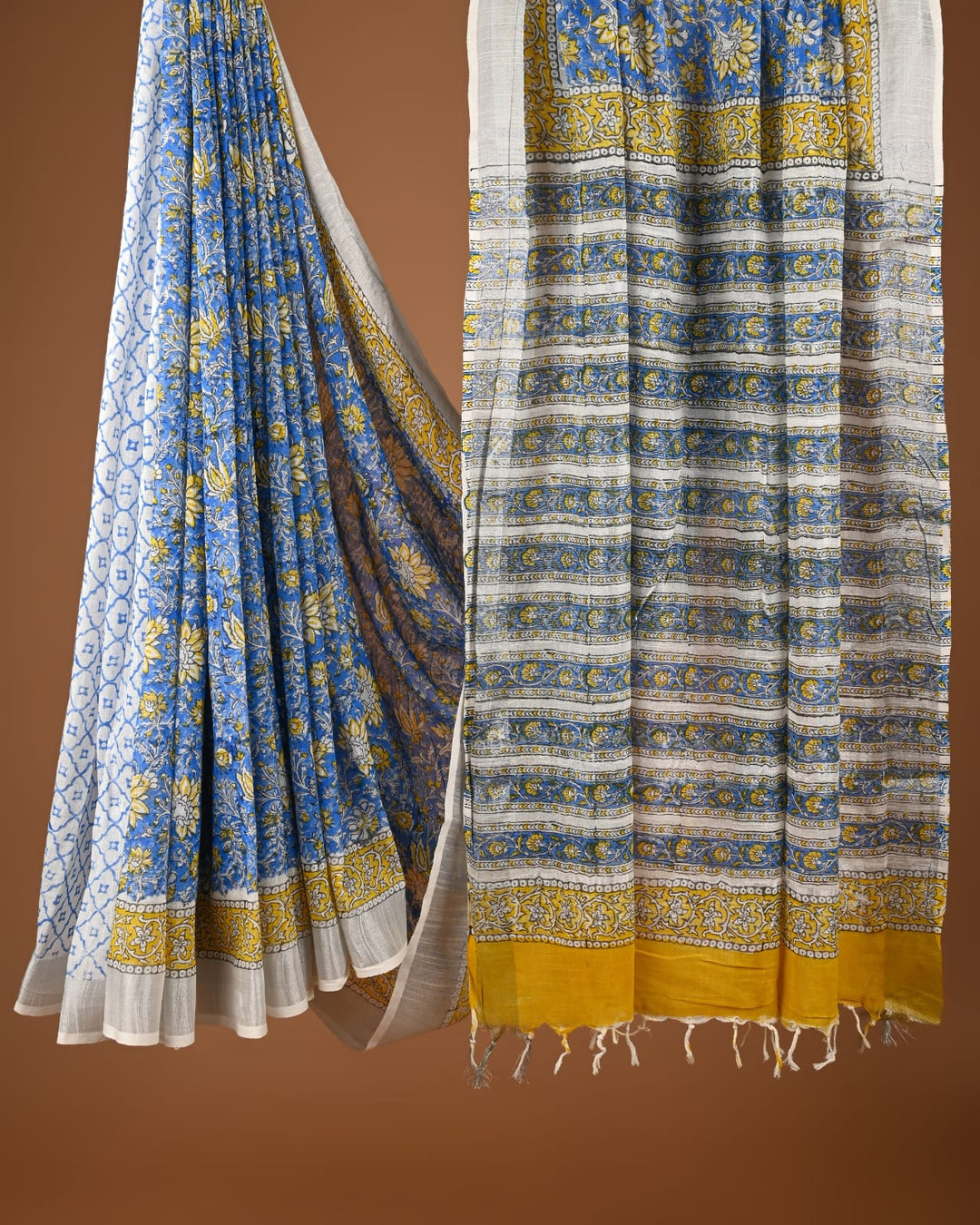Hand Block Print Linen Saree with Blouse .