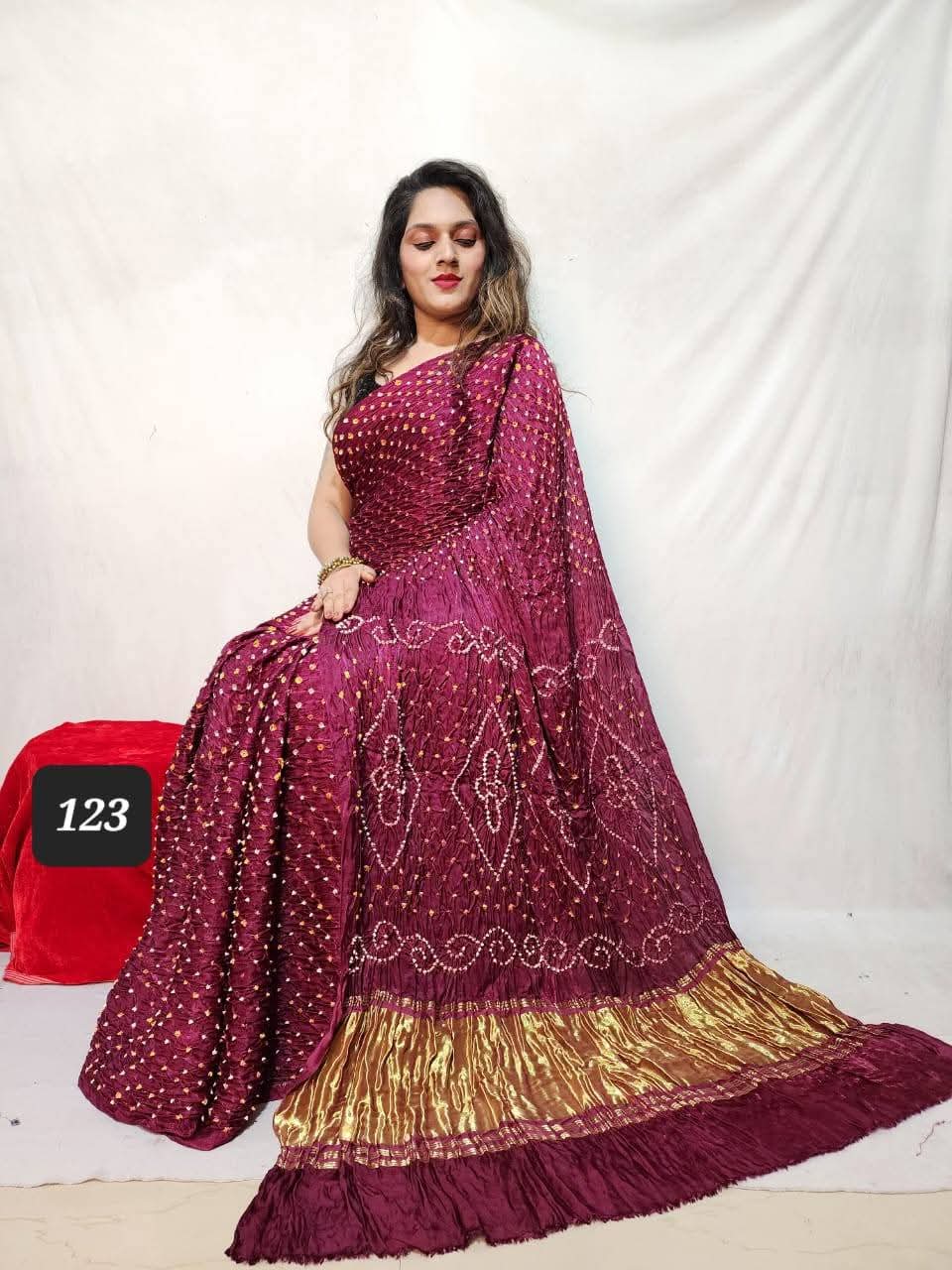 Pure Natural Dyeing Hand Block Bandhej Print Modal silk saree.