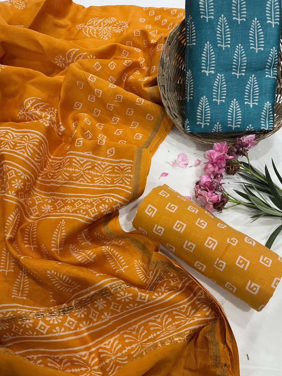 Pure Hand Block Chanderi Silk Unstitched Suit.