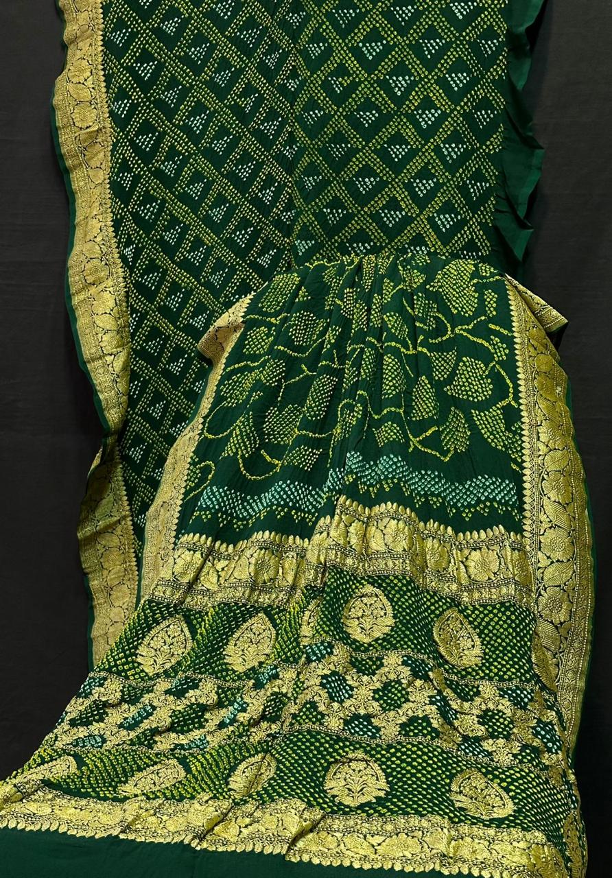 Pure Khaddi Georgette Handloom Kadhwa Zari Work saree With Raiy Bandhej AllOver.