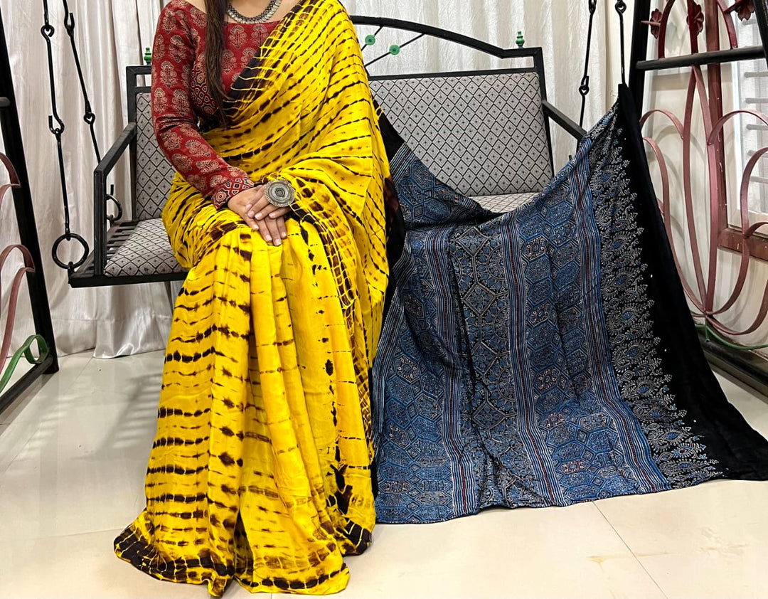 Pure Natural Dyeing Hand Block Print Modal silk saree.