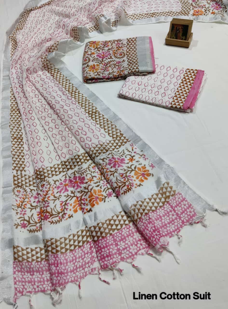 Hand Block Printed Linen Unstitched Suit .