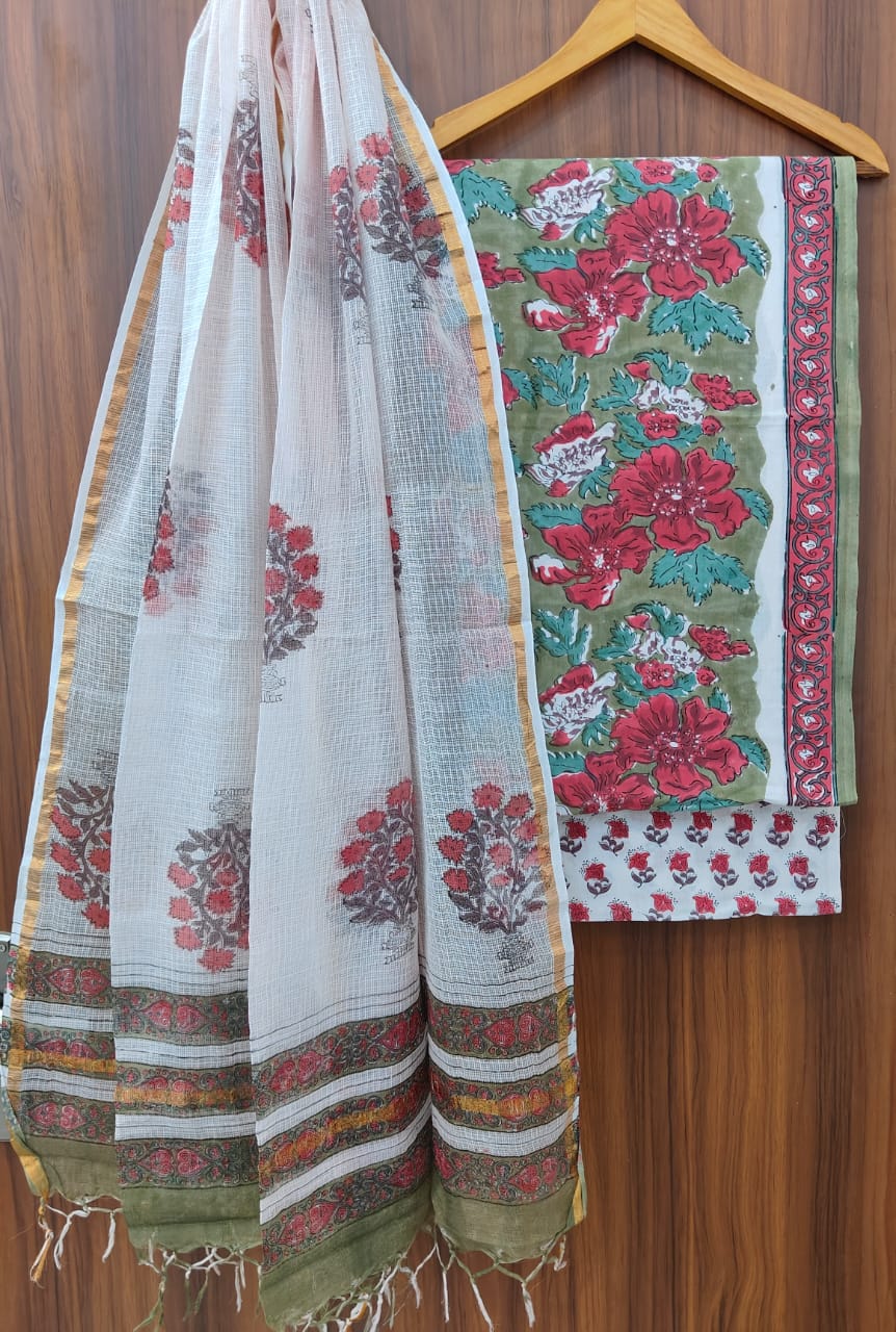 Pure Cotton Hand block print Unstitched Suit with Kota Dupatta .