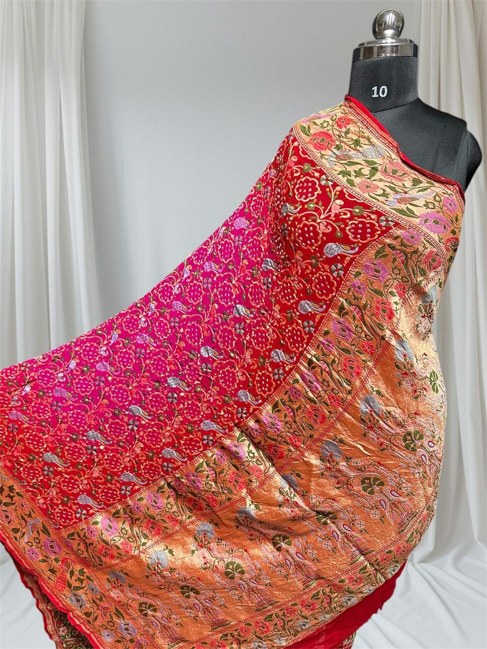 Pure Khaddi Georgette Handloom Neem Zari Work saree With Raiy Bandhej .