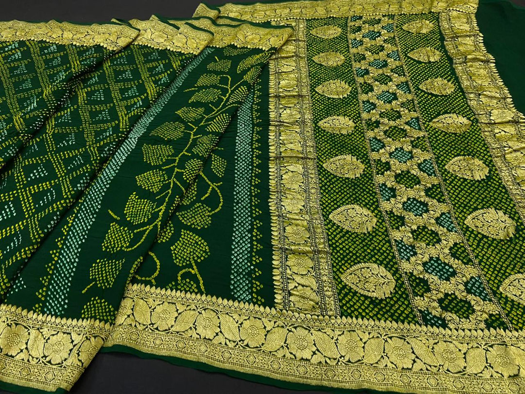 Pure Khaddi Georgette Handloom Kadhwa Zari Work saree With Raiy Bandhej AllOver.