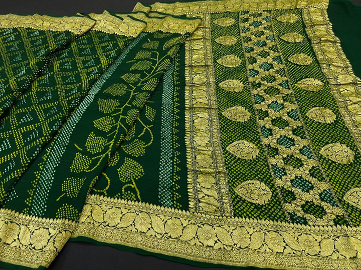 Pure Khaddi Georgette Handloom Kadhwa Zari Work saree With Raiy Bandhej AllOver.