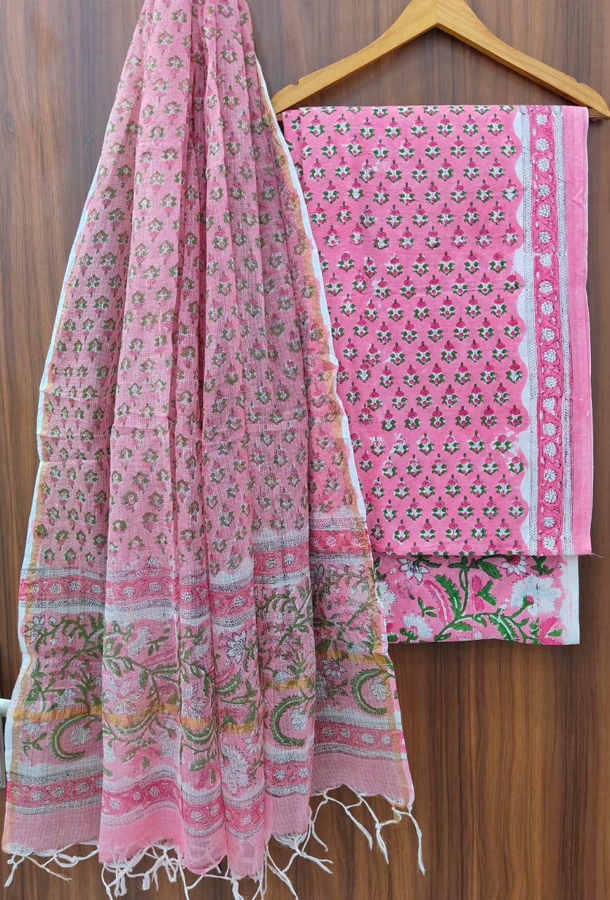 Pure Cotton Hand block print Unstitched Suit with Kota Dupatta.