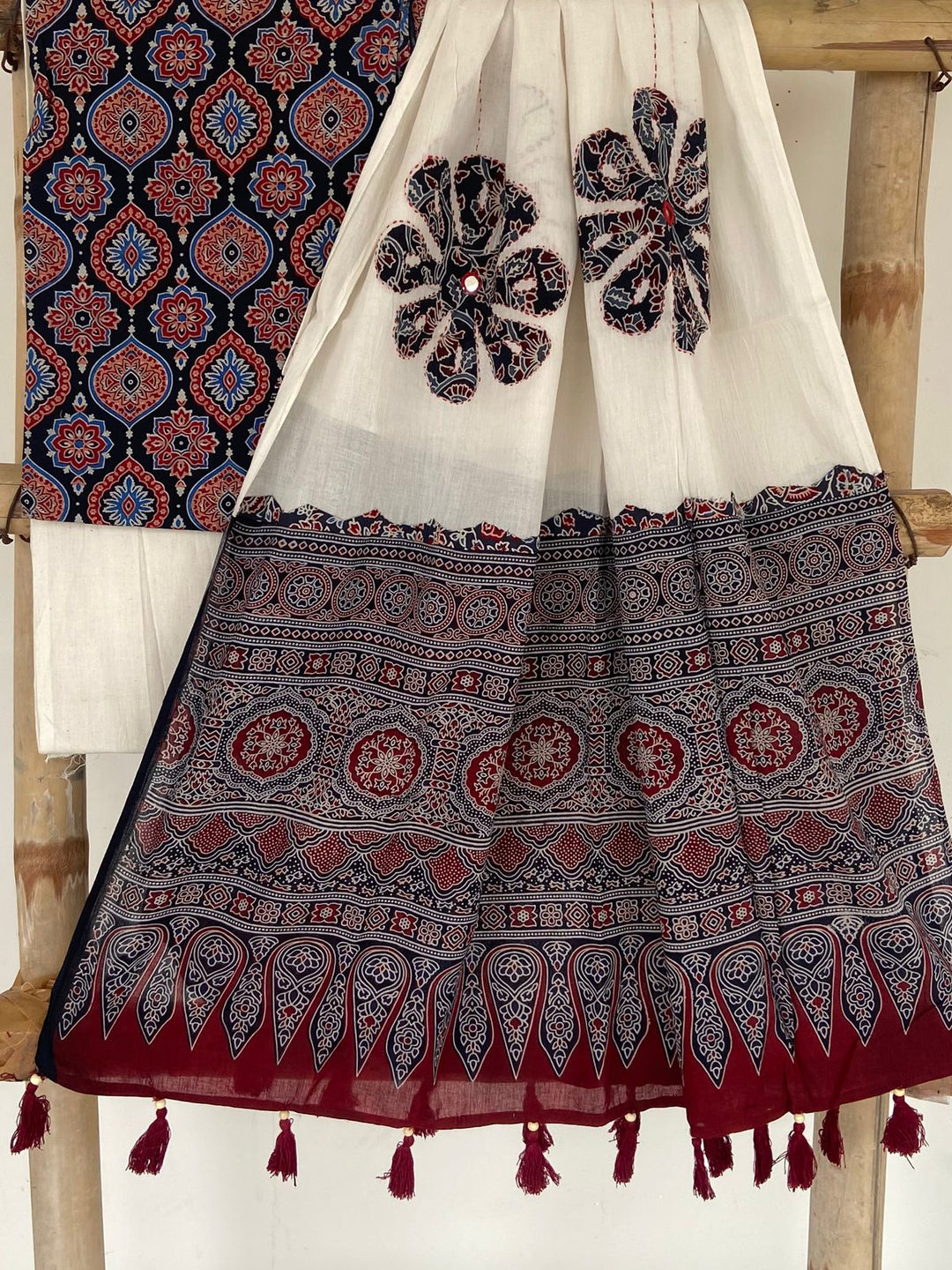 Pure Cotton Azrakh Print Unstitched suit Whit Patch Work Dupatta .