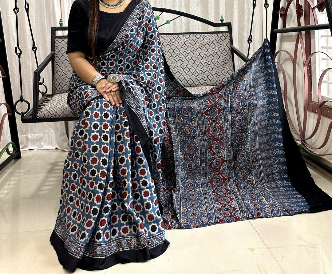 Pure Natural Dyeing Hand Block Print Modal silk saree.