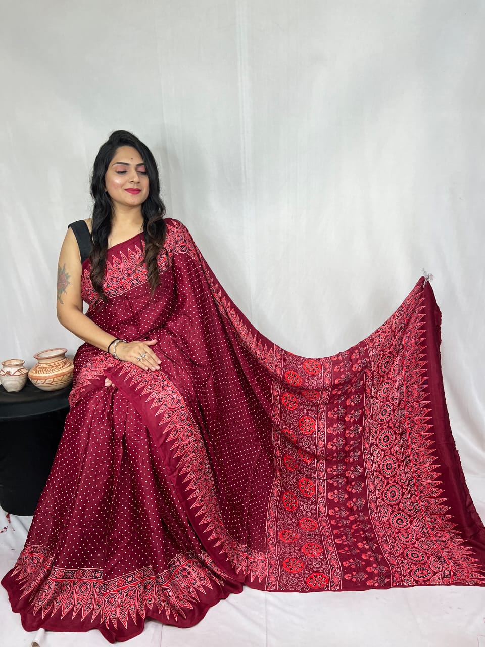 Pure Natural Dyeing Hand Block Print Modal silk saree.