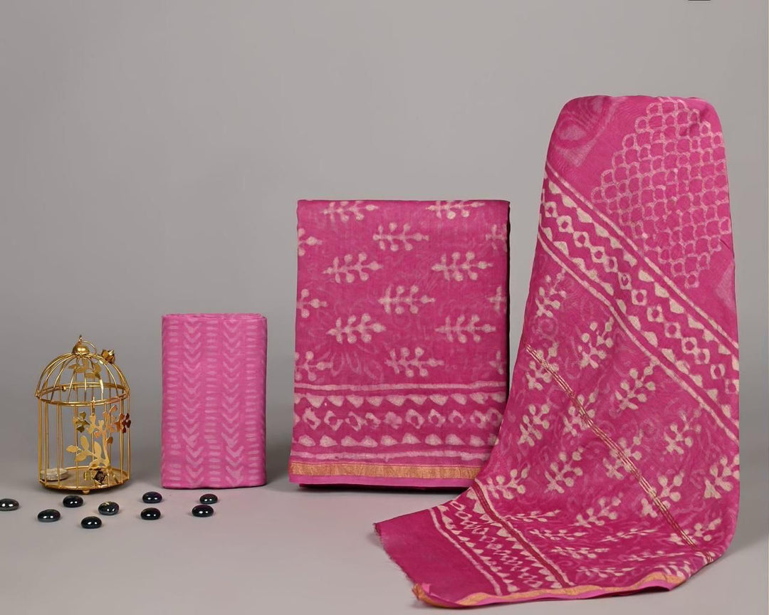Pure Hand Block Chanderi Silk Unstitched Suit.