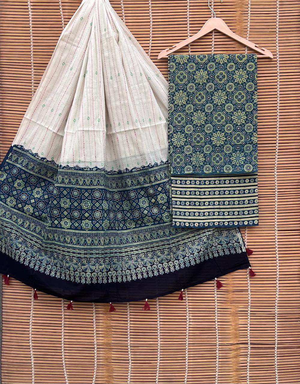 Pure Cotton Azrakh Print Unstitched suit Whit Kantha Work Dupatta.