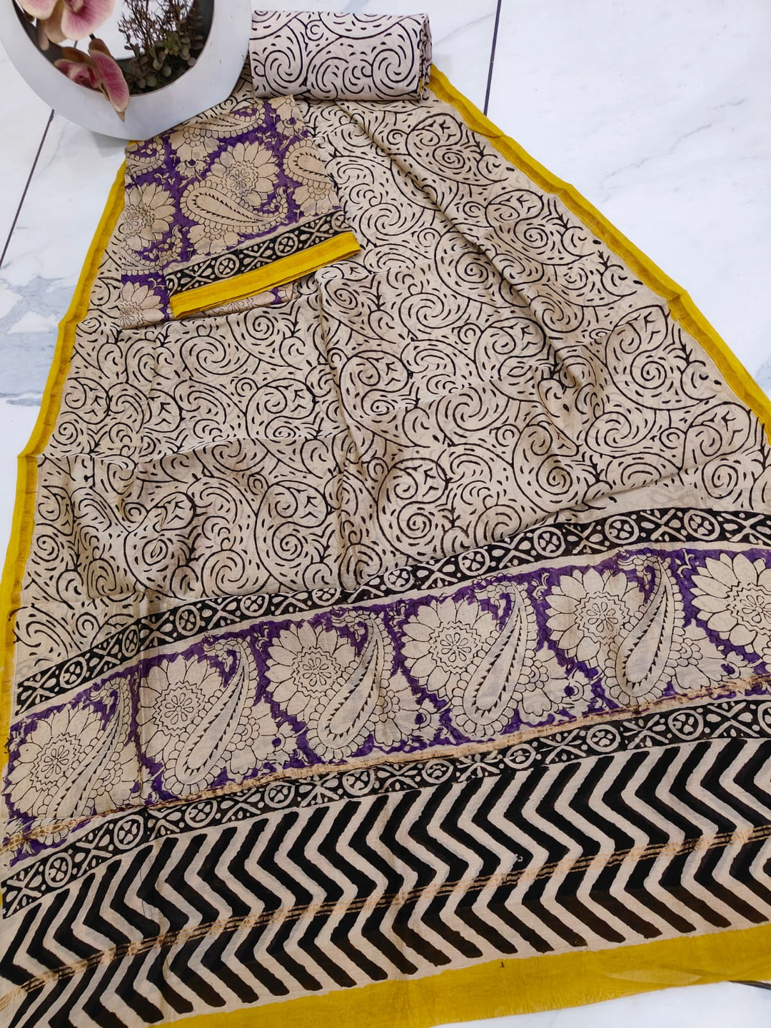 Pure Hand Block Chanderi Silk Unstitched Suit .