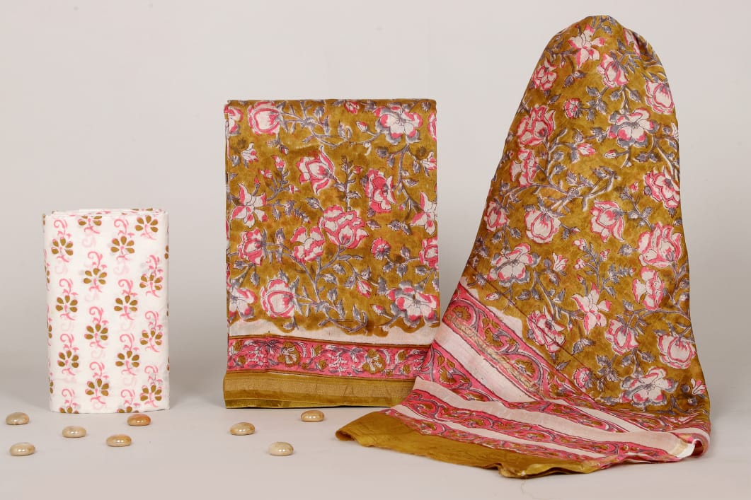 Pure Hand Block Chanderi Silk Unstitched Suit.
