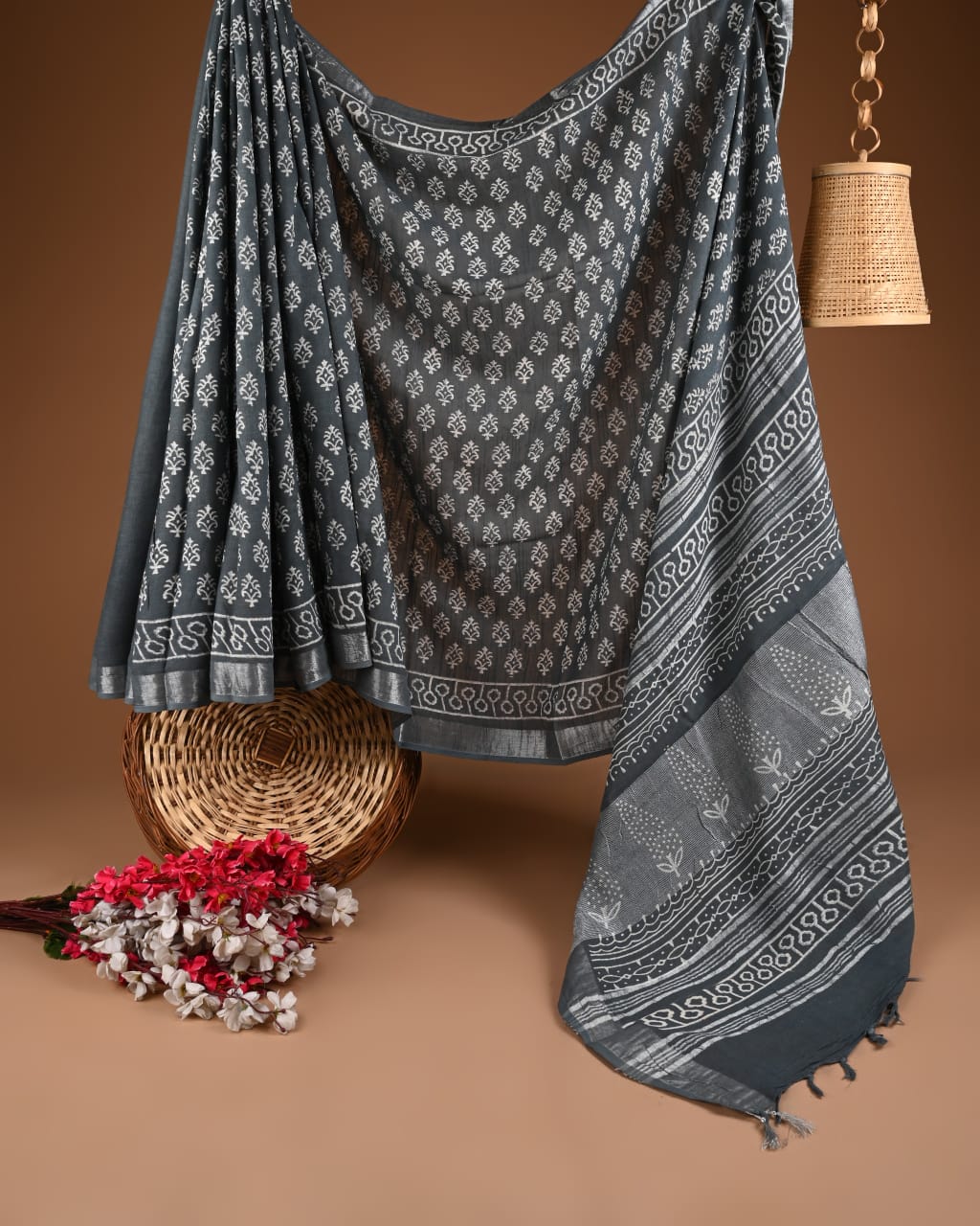 Hand Block Print Linen Saree with Blouse .