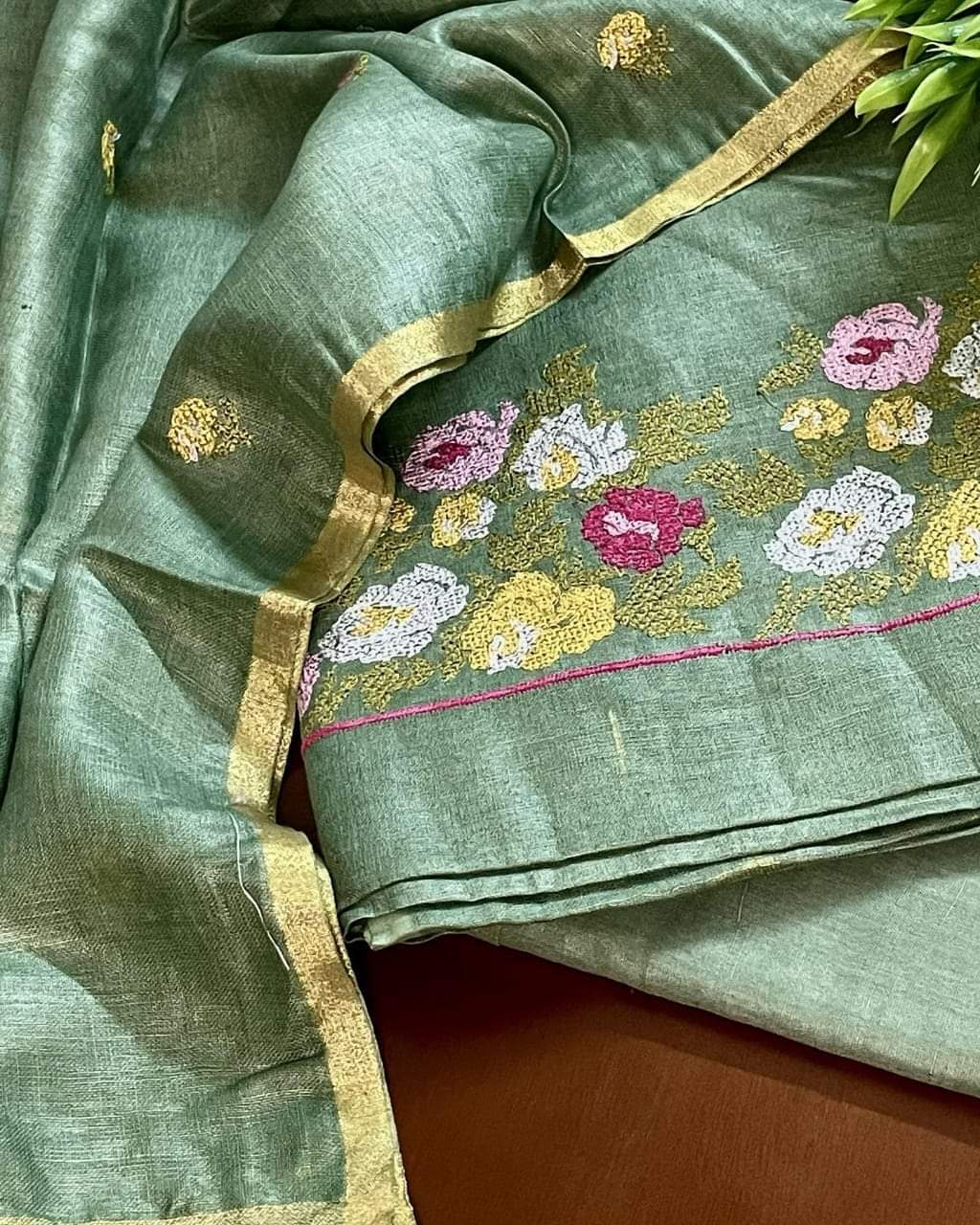 Bhagalpuri Slub Linen Embroidery Unstitched suit.