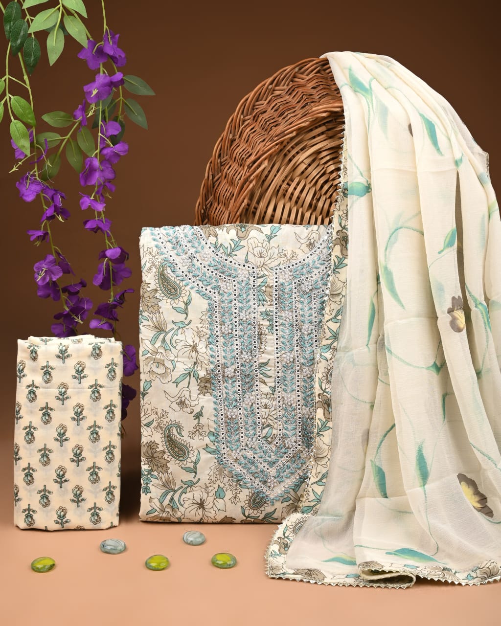 Pure Cotton Gotta patti Work unstitched Suit With Chiffon Dupatta.