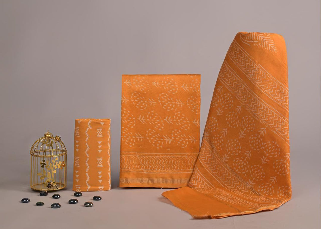 Pure Hand Block Chanderi Silk Unstitched Suit.