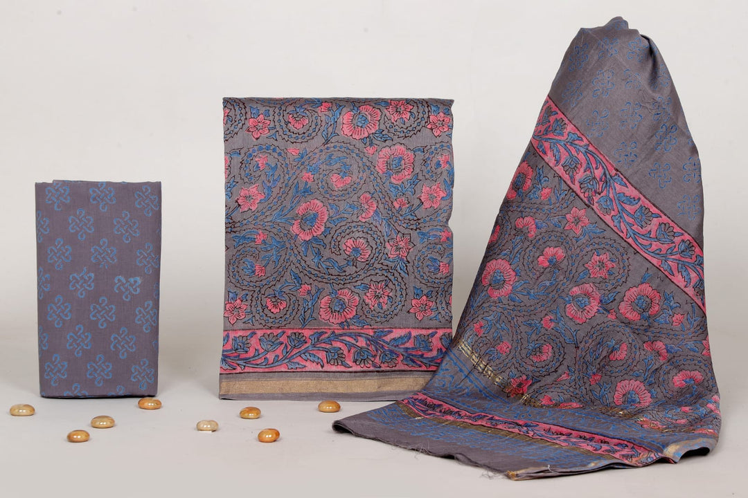 Pure Hand Block Chanderi Silk Unstitched Suit.