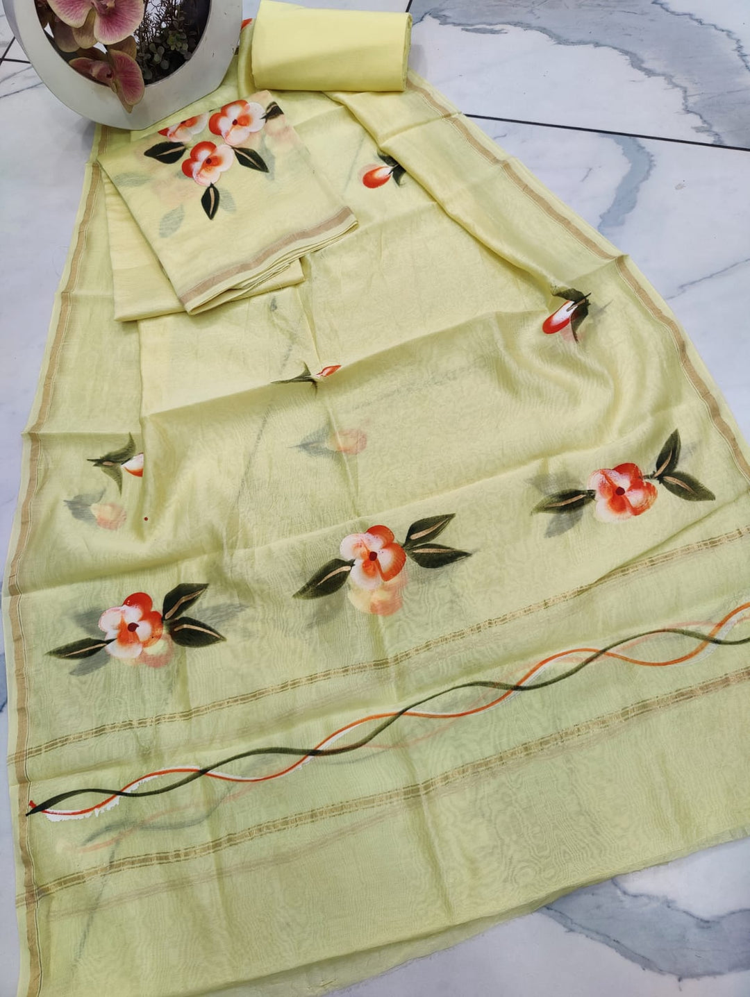 Pure Hand Block Chanderi Silk Unstitched Suit .