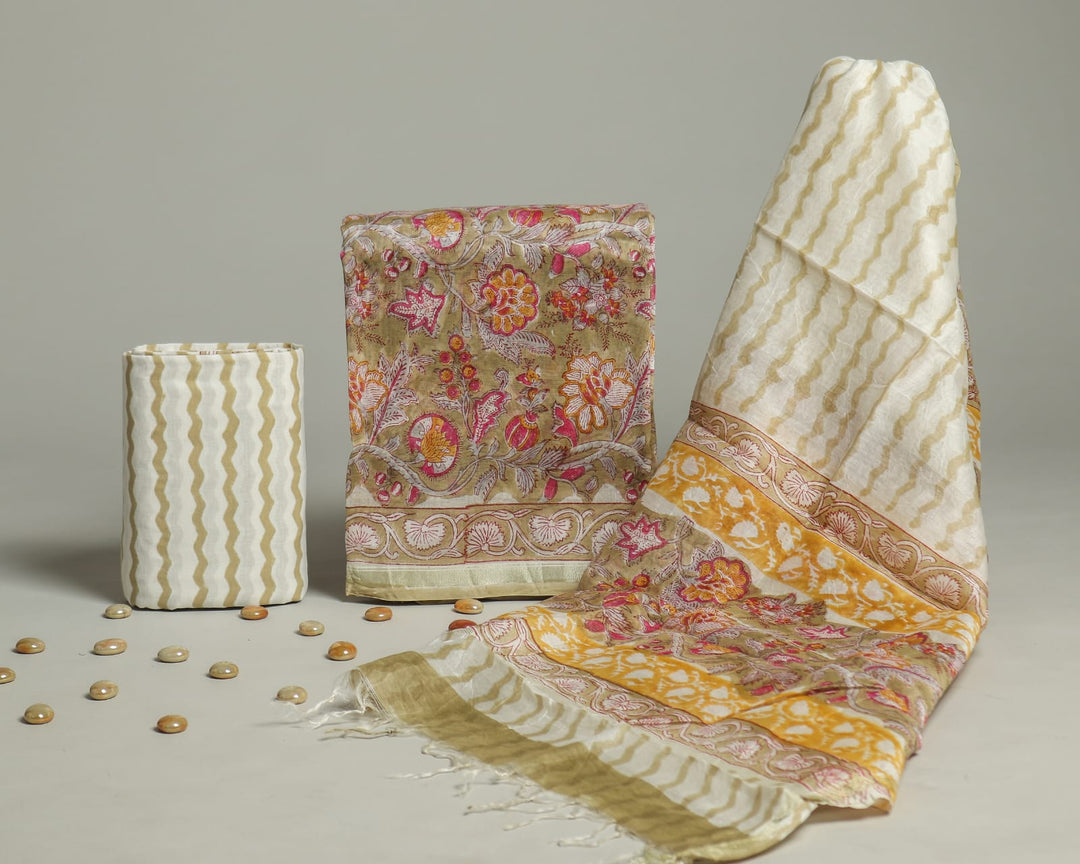 Pure Hand Block Chanderi Silk Unstitched Suit.