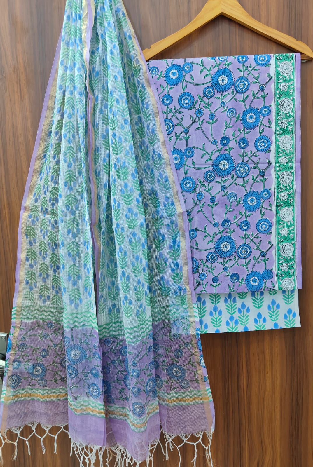 Pure Cotton Hand block print Unstitched Suit with Kota Dupatta.