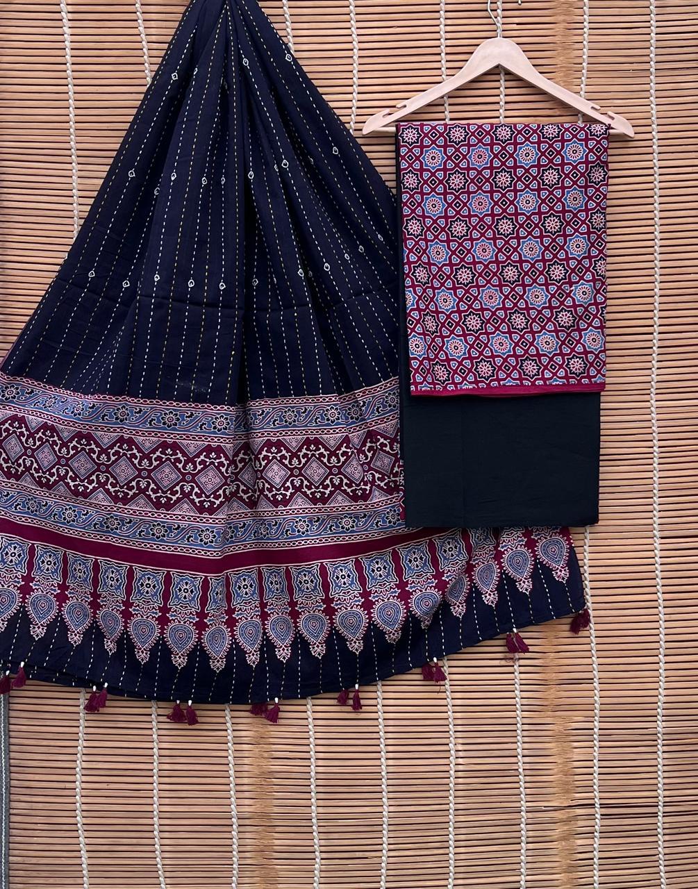 Pure Cotton Azrakh Print Unstitched suit Whit Kantha Work Dupatta.