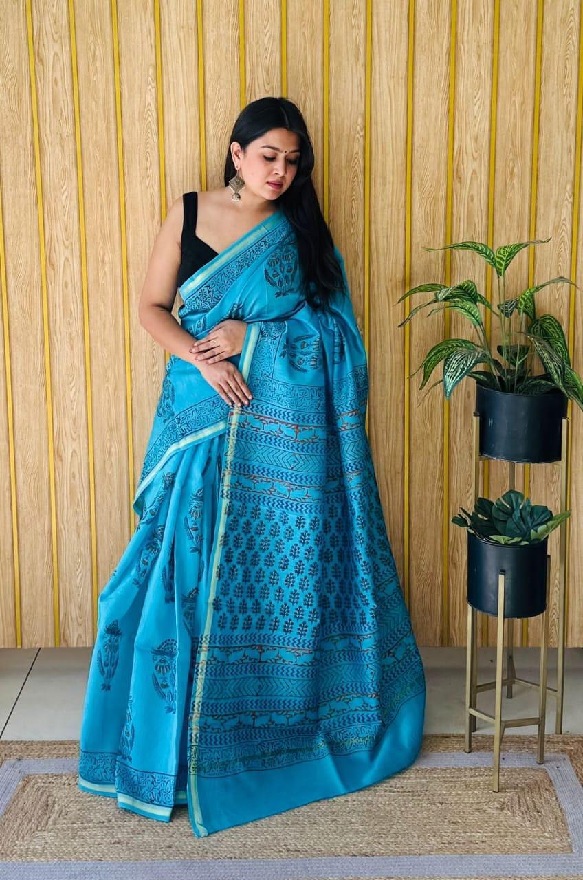 Hand Block Prninted Chanderi Saree .