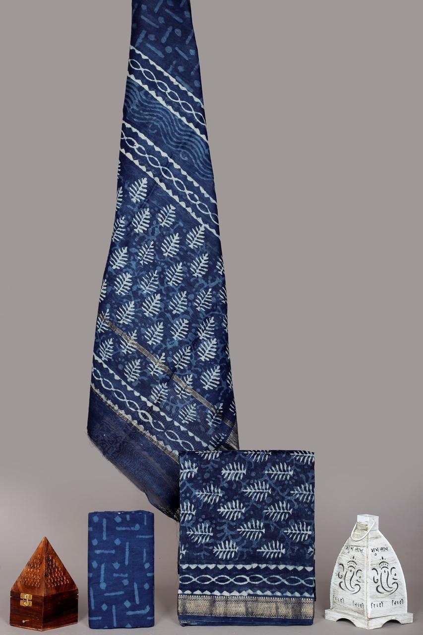 Pure Maheshwari Silk Hand block print Unstitched Suit.