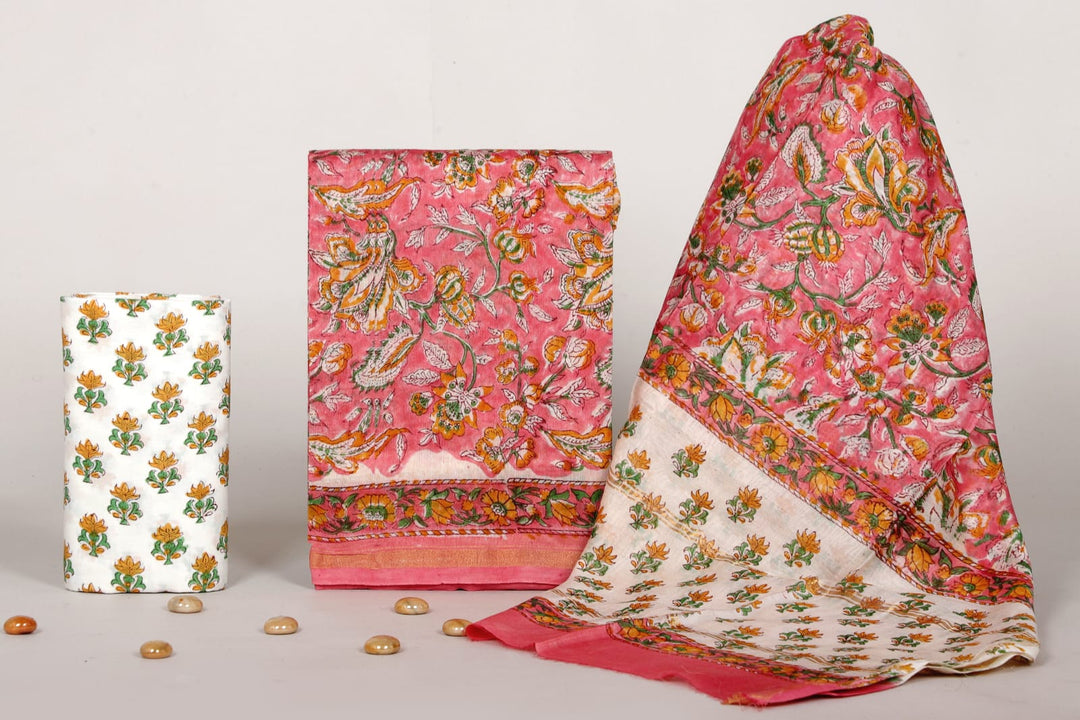 Pure Hand Block Chanderi Silk Unstitched Suit