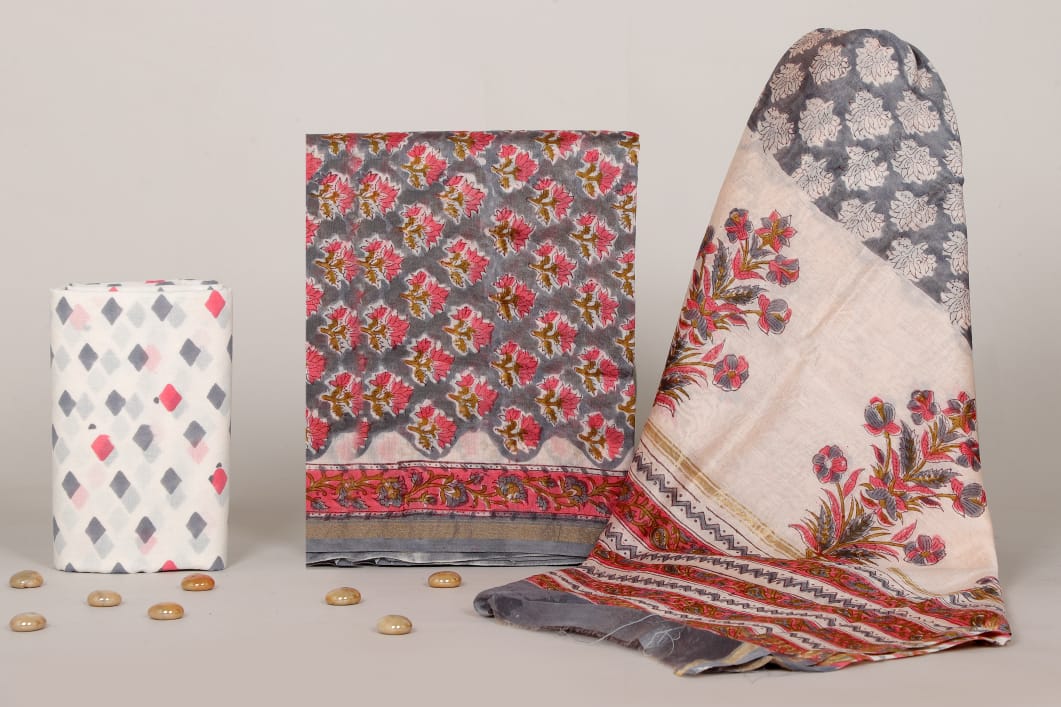 Pure Hand Block Chanderi Silk Unstitched Suit.