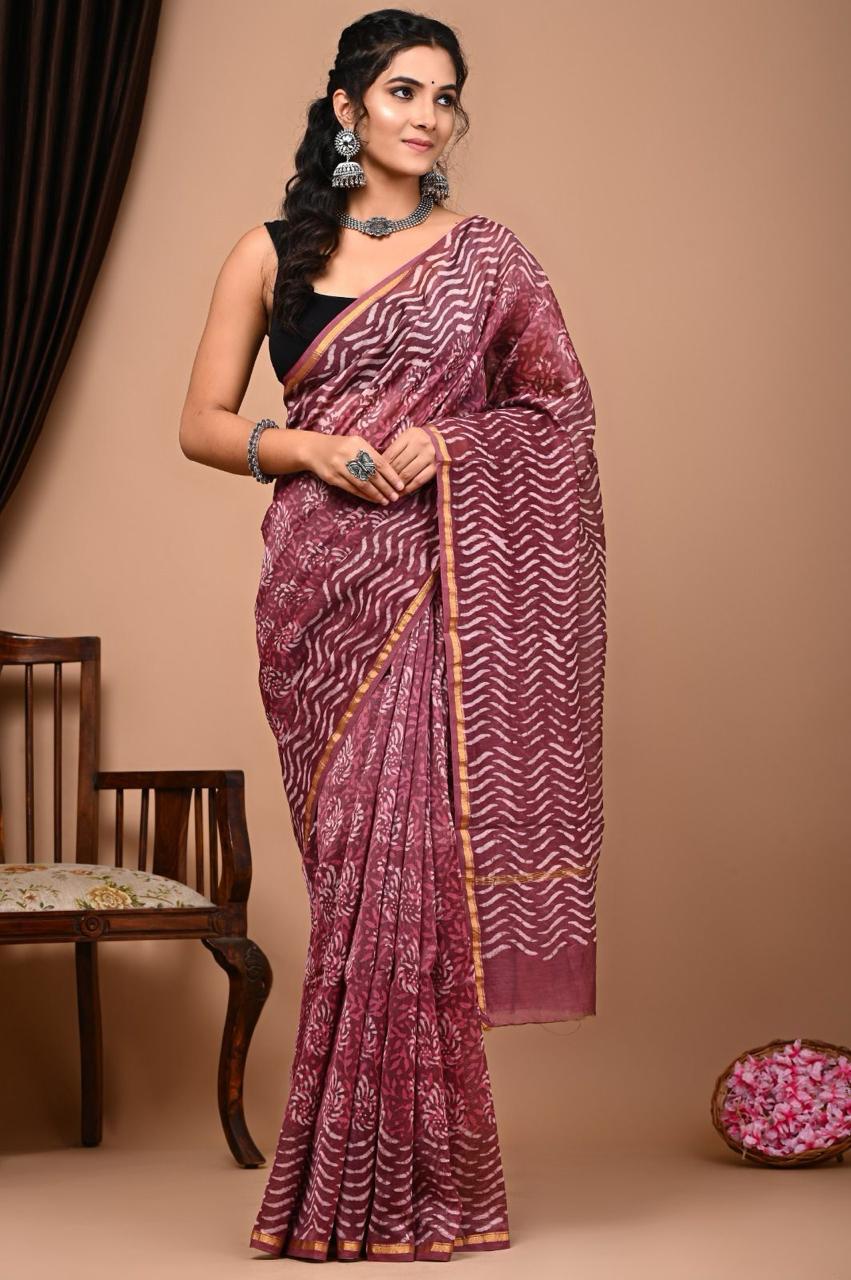 Hand Block Prninted Chanderi Saree .