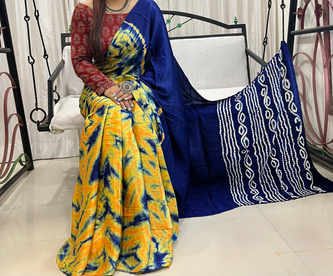 Pure Natural Dyeing Hand Block Tia&Diye Print Modal silk saree.