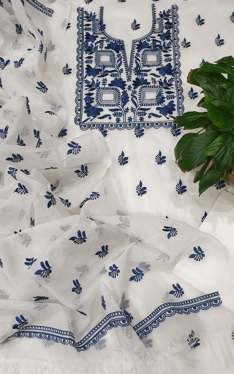 Pure Kota Doriya Embroidered Unstitched Suit With Dupatta.