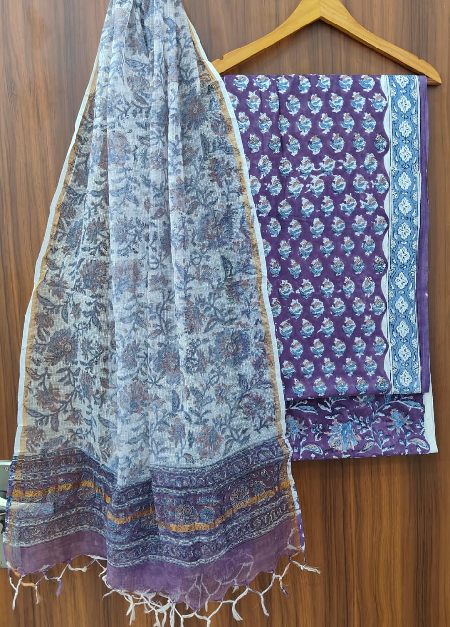 Pure Cotton Hand block print Unstitched Suit with Kota Dupatta.