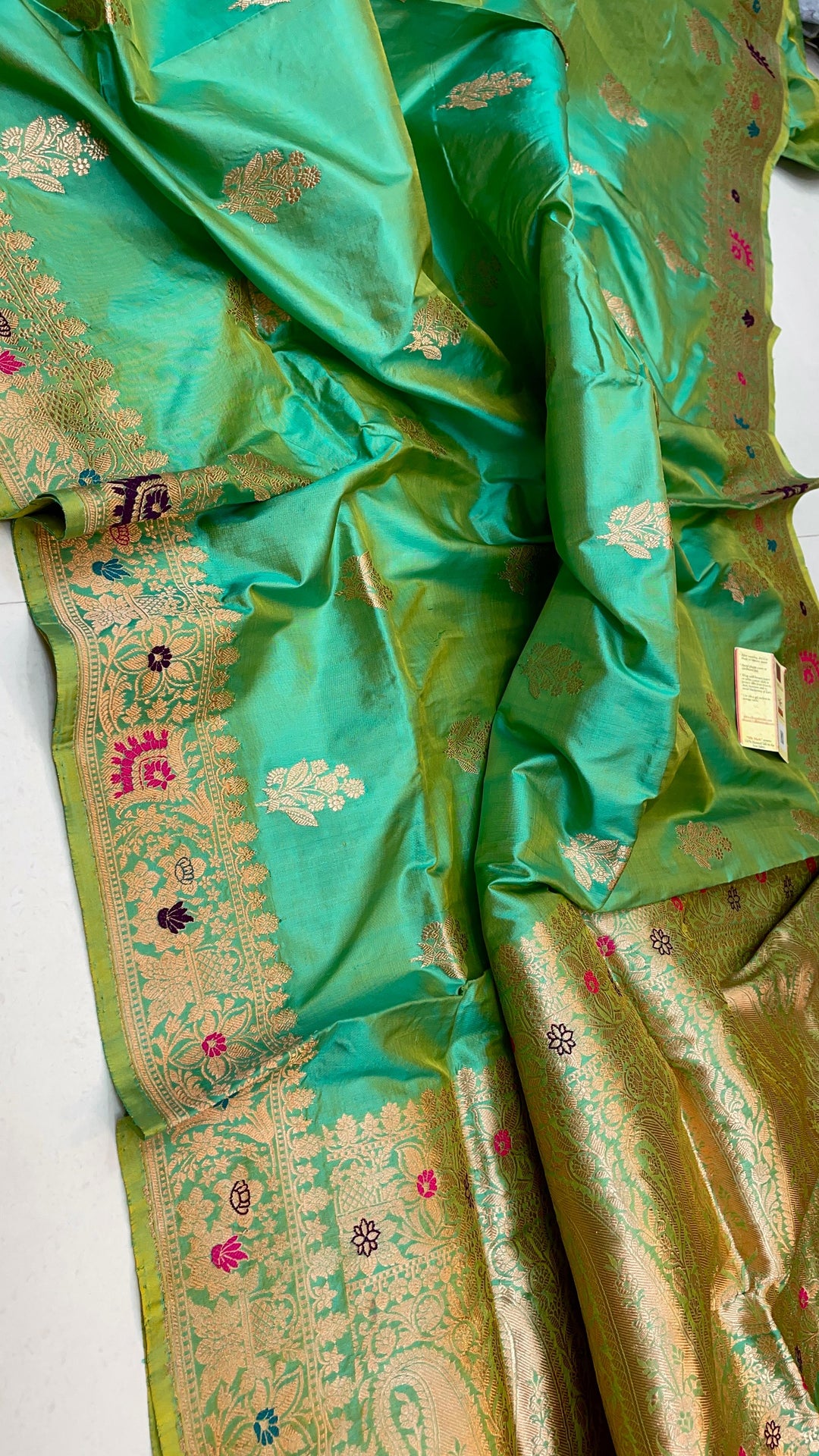 Pure Banarasi Katan Silk Meenakari Saree With Antique Zari Work.