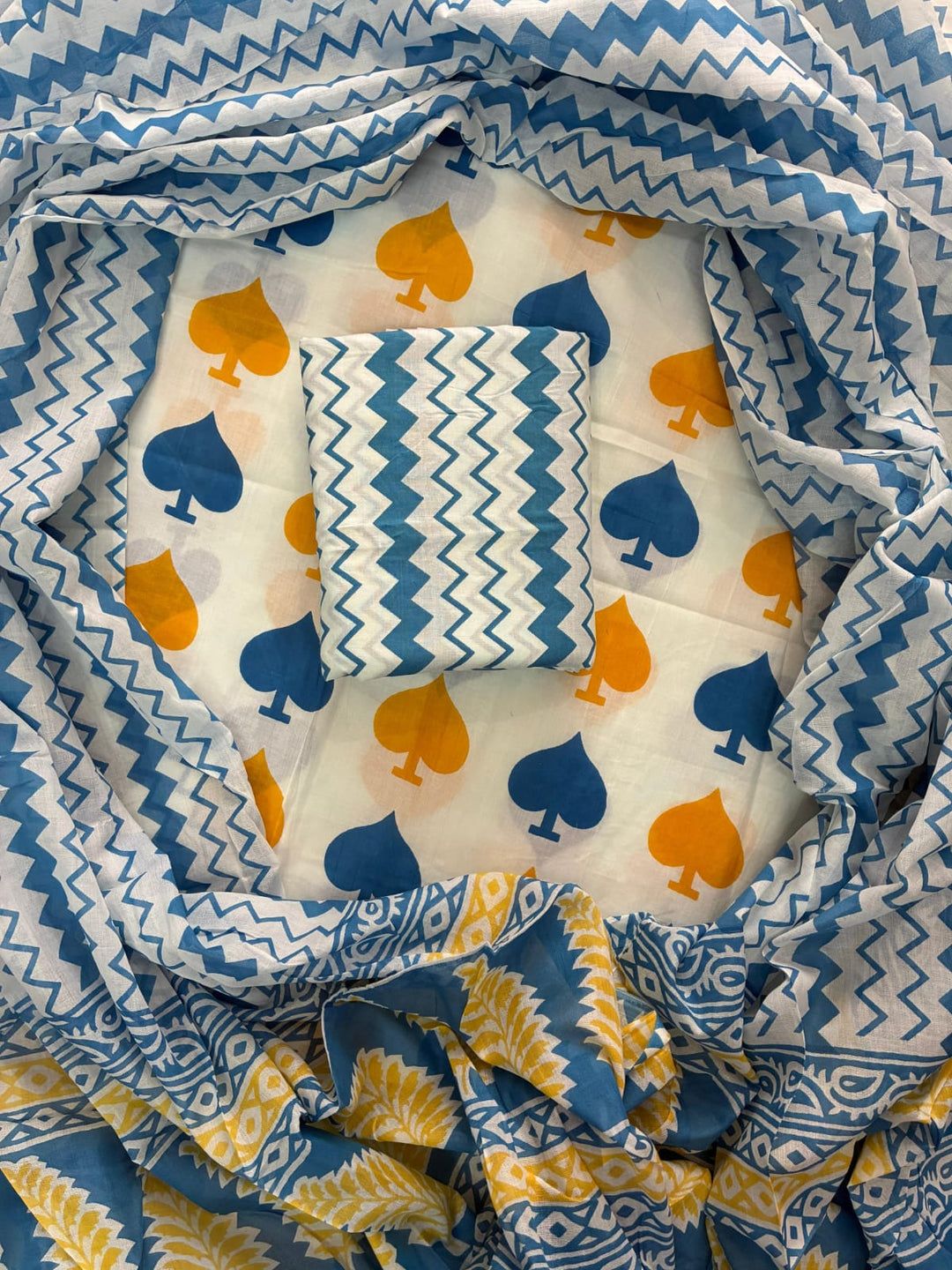 Pure Cotton Hand Block Printed Unstitched Suit Set With Cotton dupatta.