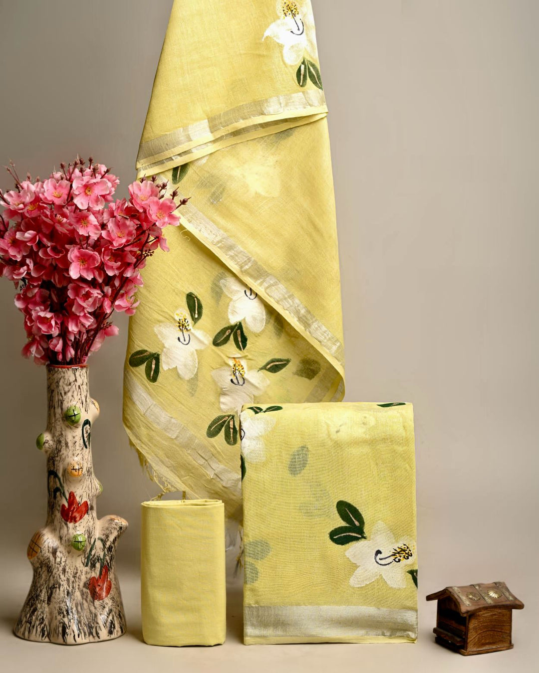 Hand Block Printed Linen Unstitched Suit .