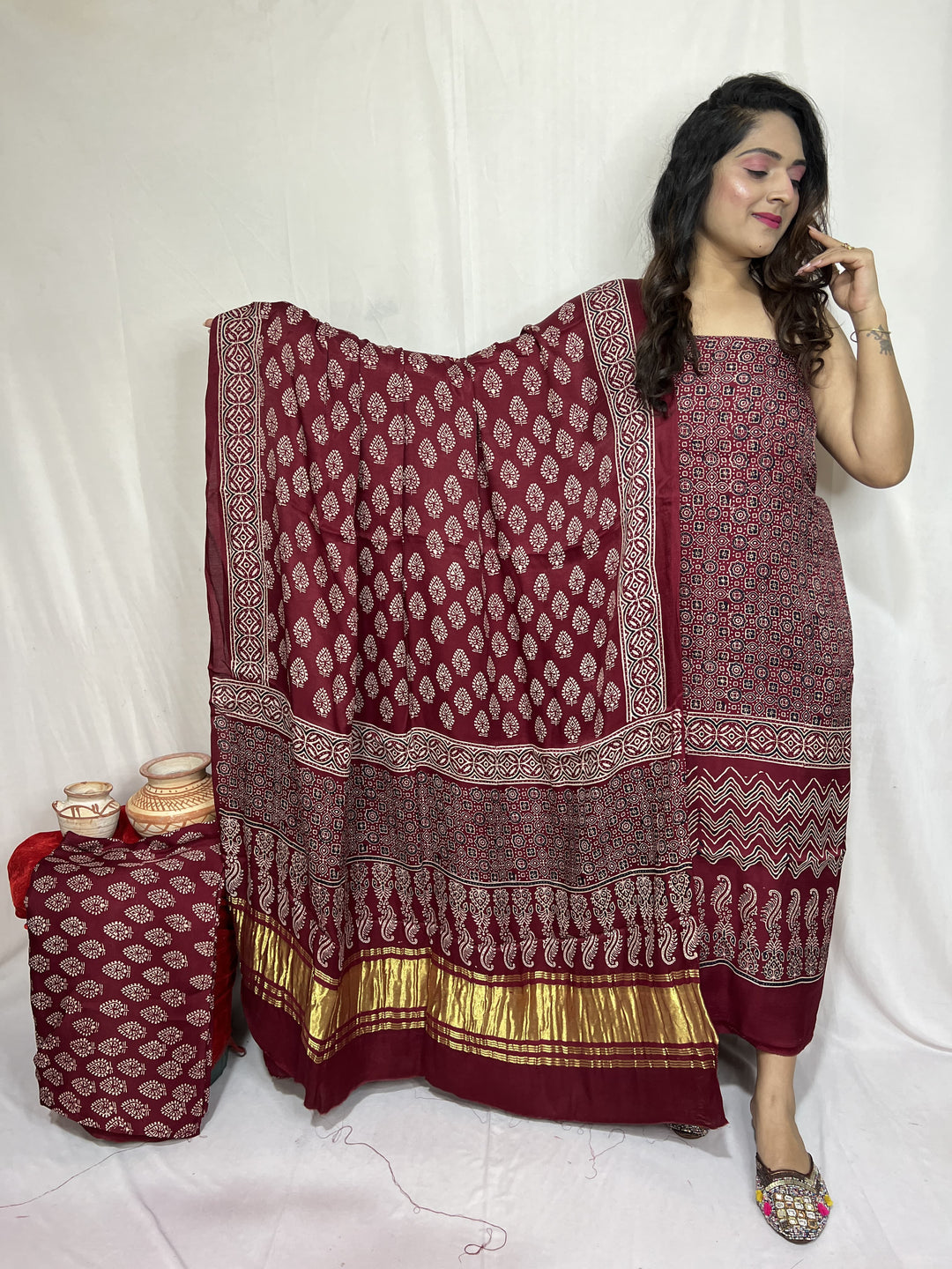 Pure Modal Silk Ajrakh Hend Block Zari Pallu Weaved 3pc Unstitched Suit .