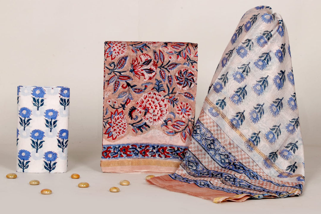 Pure Hand Block Chanderi Silk Unstitched Suit