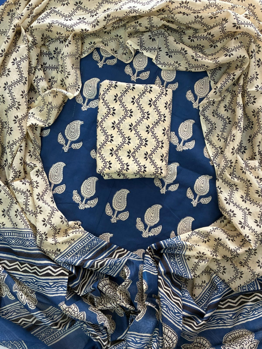 Pure Cotton Hand Block Print Unstitched Suit with Cotton Dupatta.