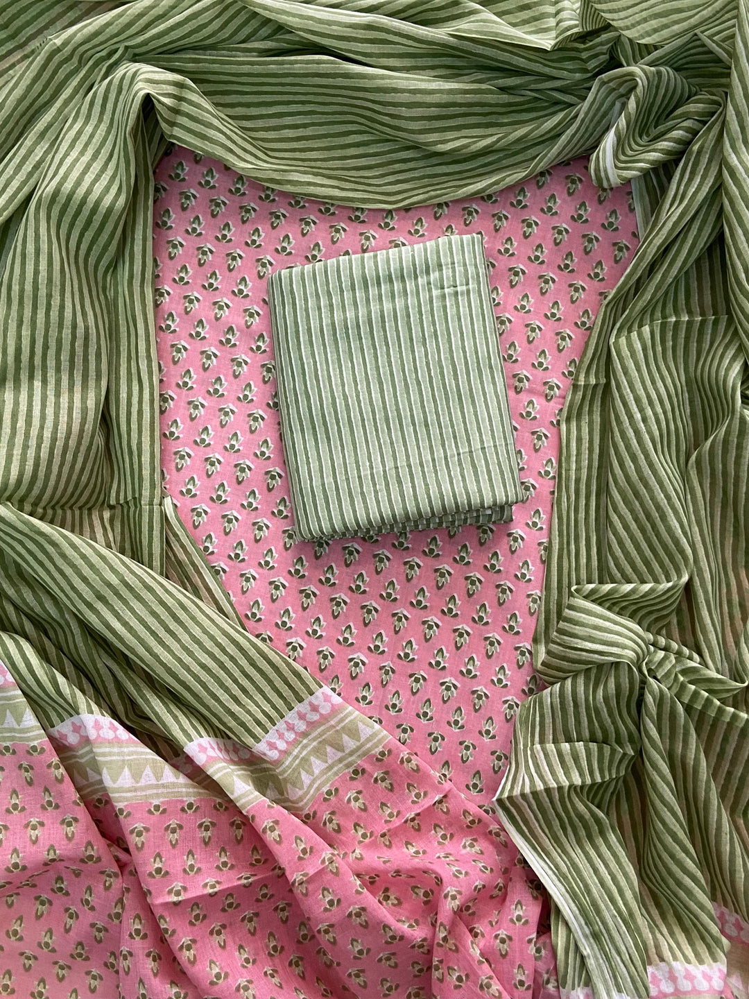 Pure Cotton Hand Block Printed Unstitched Suit Set With Cotton Dupatta.