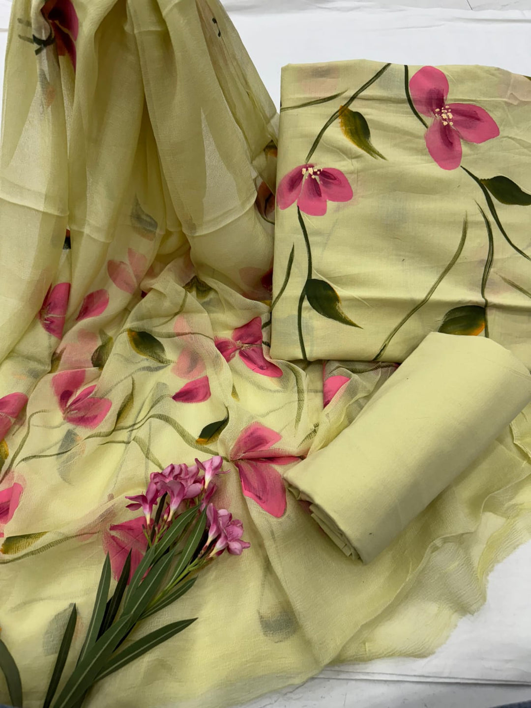 Pure Cotton Hand Block Print Unstitched Suit with chiffon dupatta