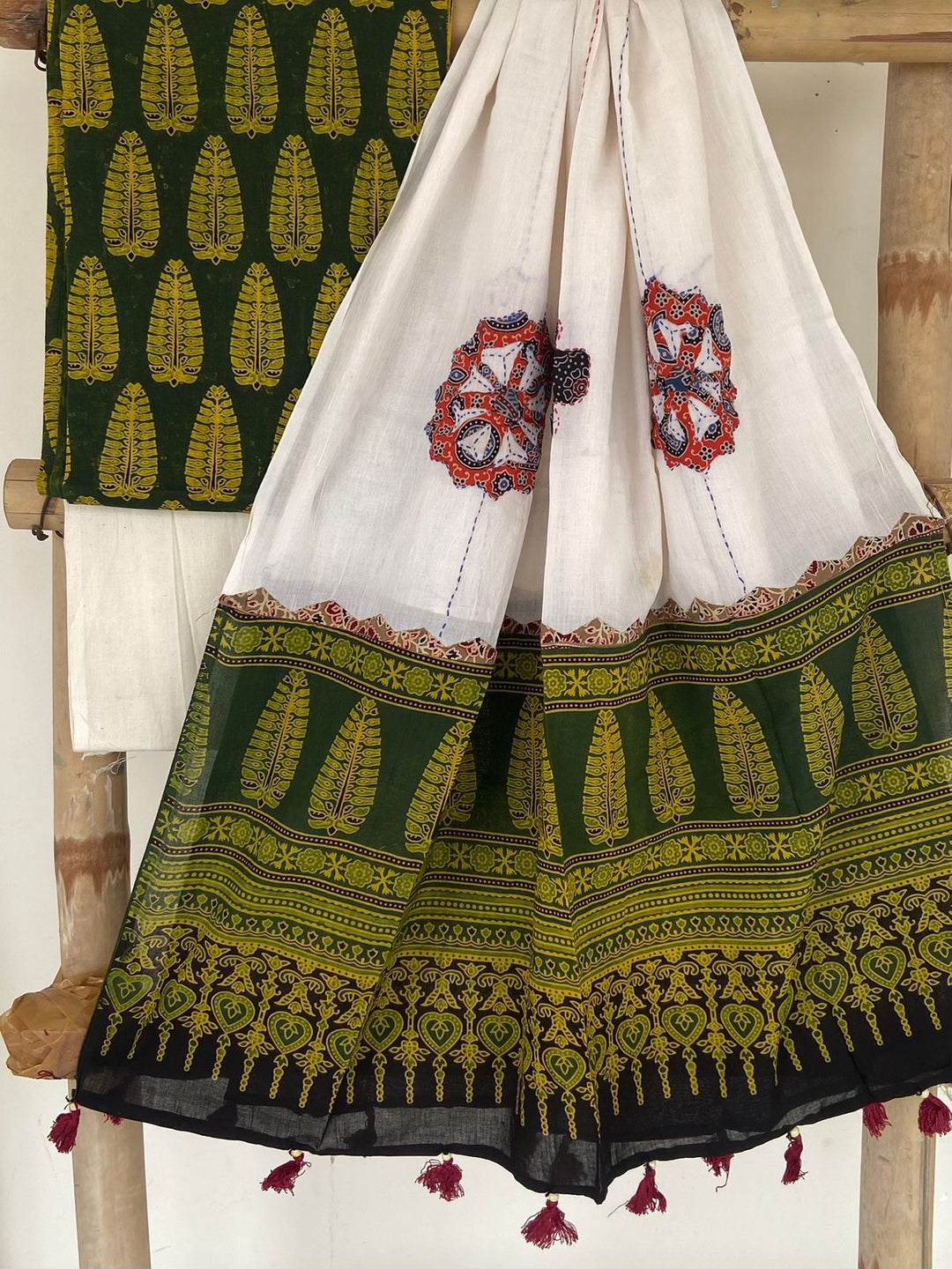 Pure Cotton Azrakh Print Unstitched suit with Patch Work Dupatta