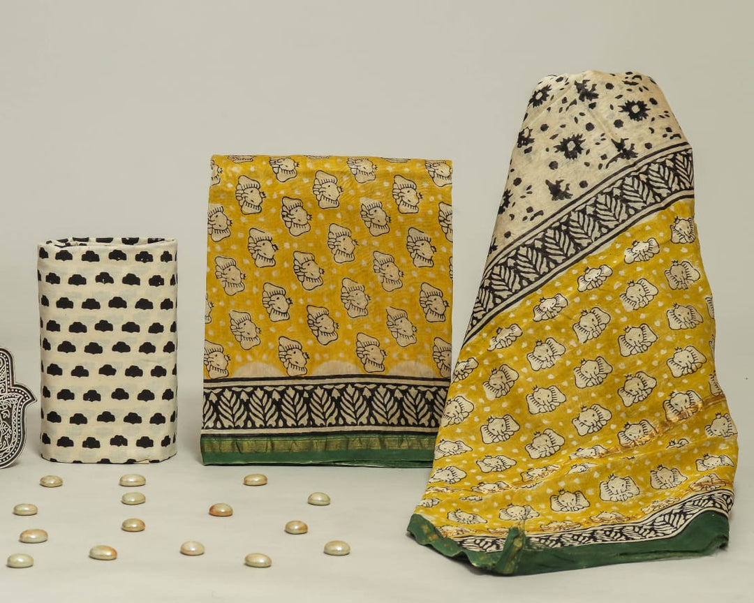 Pure Hand Block Chanderi Silk Unstitched Suit.